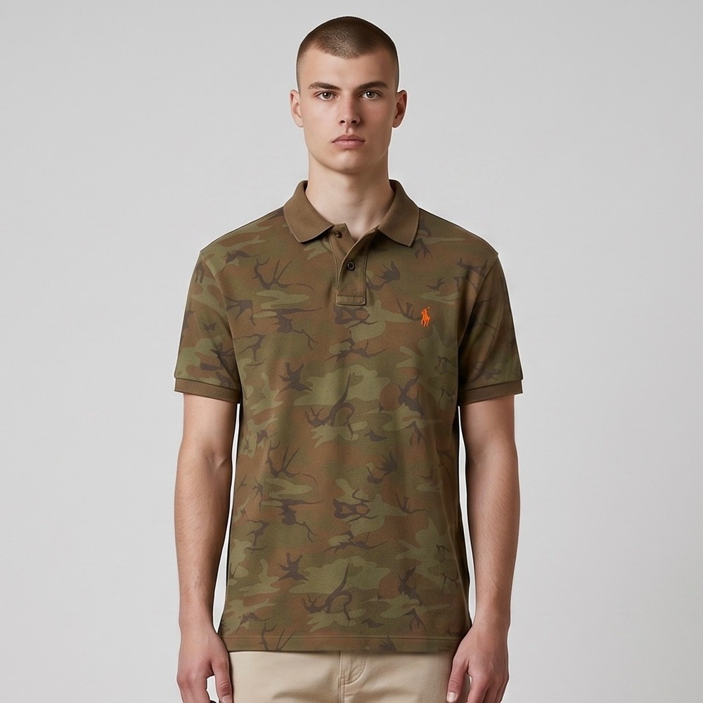 Vintage Polo Ralph Lauren Camo Polo Shirt Mens L Y2K Blue Tag Orange Pony AOP